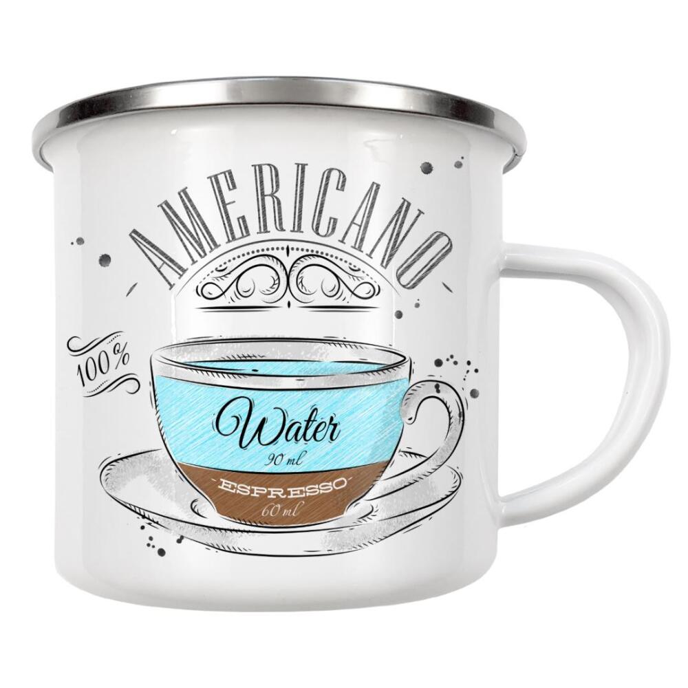 Emaille Tasse "Coffee americano wood" artboxONE - Essen & Trinken - Coffee,Cafe,Drink,Cup,Retro,Vintage,Ingredients,Caffeine,Espresso,Latte,Americano