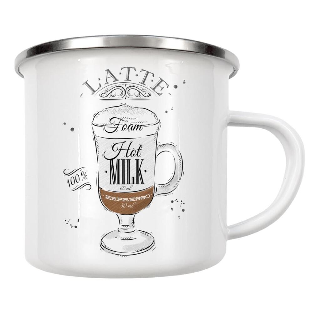 Emaille Tasse "Coffee latte wood" artboxONE - Essen & Trinken,Schwarzweiß - Latte,Coffee,Cafe,Drink,Cup,Retro,Vintage,Ingredients,Caffeine,Espresso