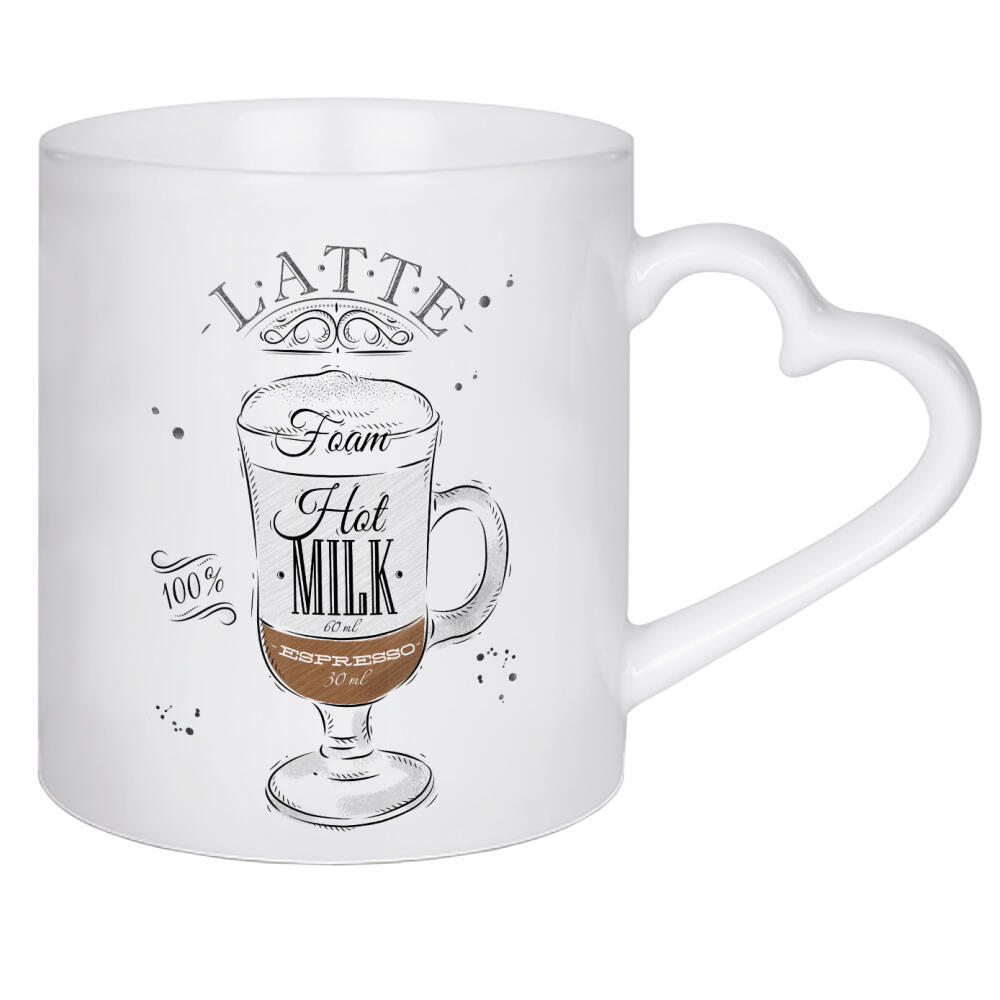 Herztasse "Coffee latte wood" artboxONE - Essen & Trinken,Schwarzweiß - Latte,Coffee,Cafe,Drink,Cup,Retro,Vintage,Ingredients,Caffeine,Espresso