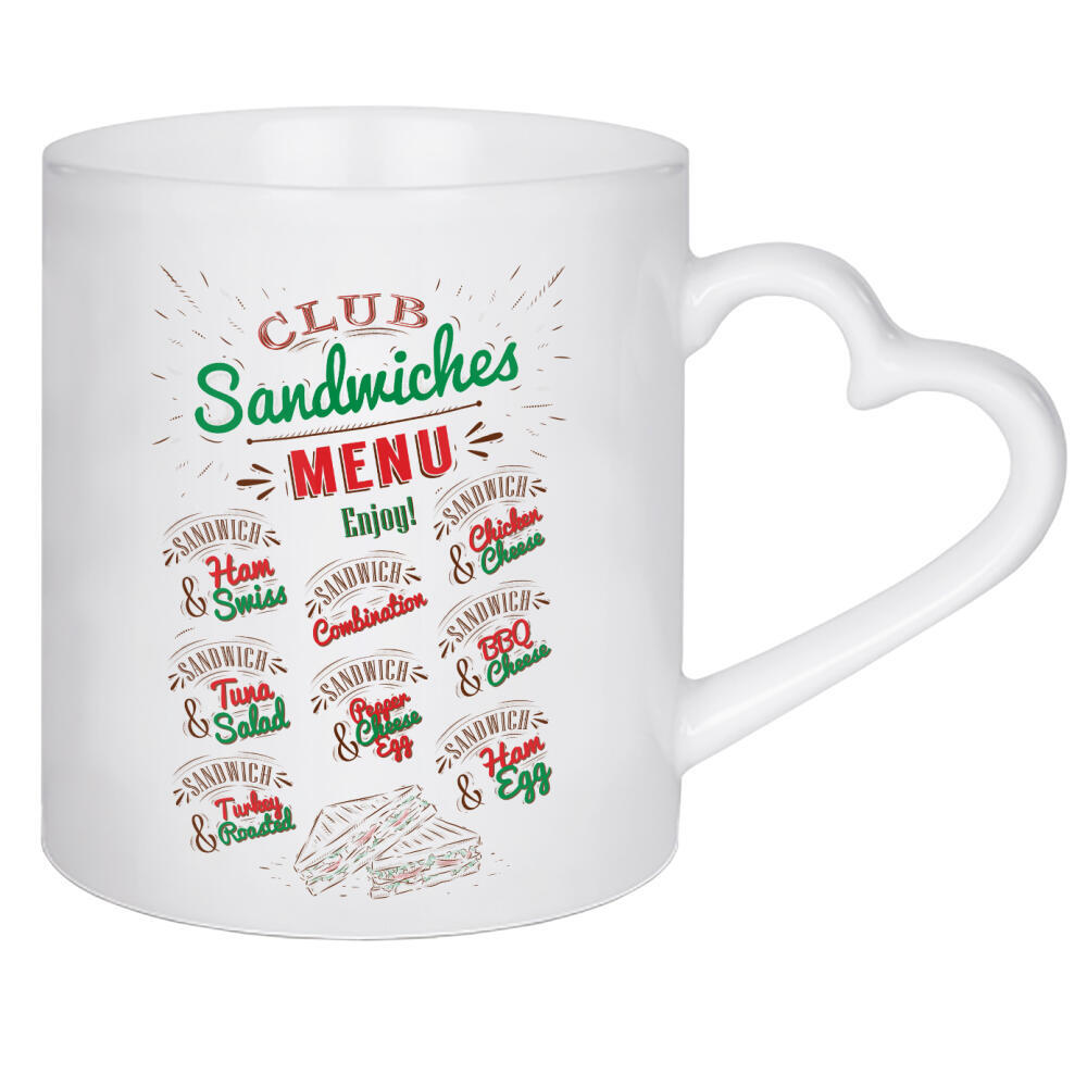 Herztasse "Types of sandwiches" artboxONE - Essen & Trinken - Sandwich,Food,Menu,Vintage,Illustration,Lunch,Meat,Vegetables,Wood