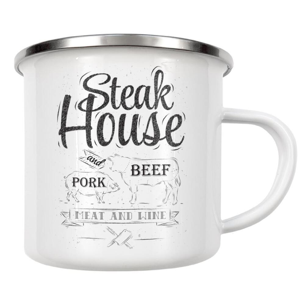 Emaille Tasse "Steak house" artboxONE - Essen & Trinken - Steak,House,Beeа,Cow,Meat,Wine,Grill,Bbq,Buffalo,Retro,Vintage