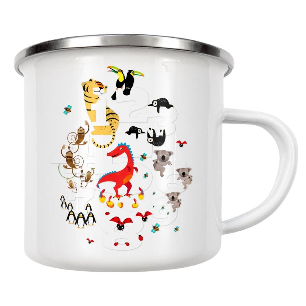 Emaille Tasse "Eins Zwei Drei – Tiere" artboxONE - Für Kinder - Kinderzimmerdekoration,Faultiere,Koalas,Drache,Kinder,Kinderzimmer,Zahlen,Tiere,Tier
