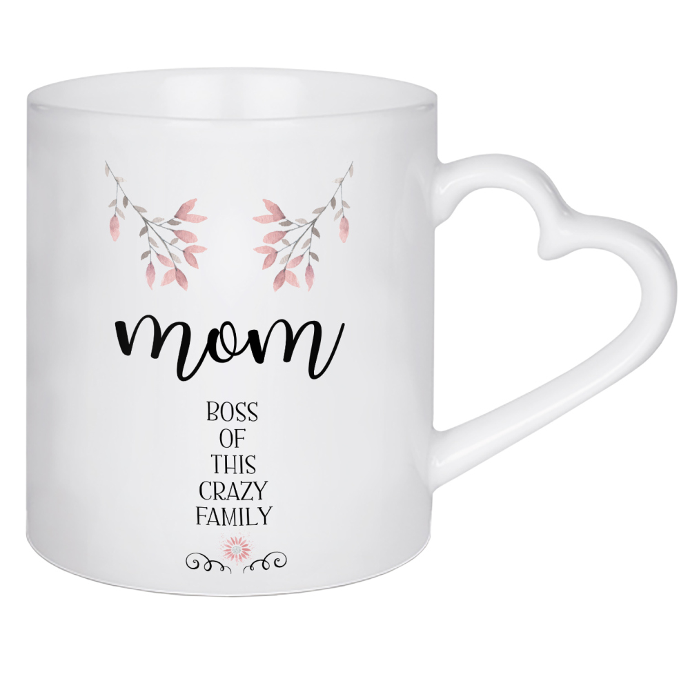 Herztasse "MOM Boss of family" artboxONE - Typografie - Mama,Mami,Mutter,Mutti,Muttertag,Familie,Spruch,Lustiger spruch,Blume