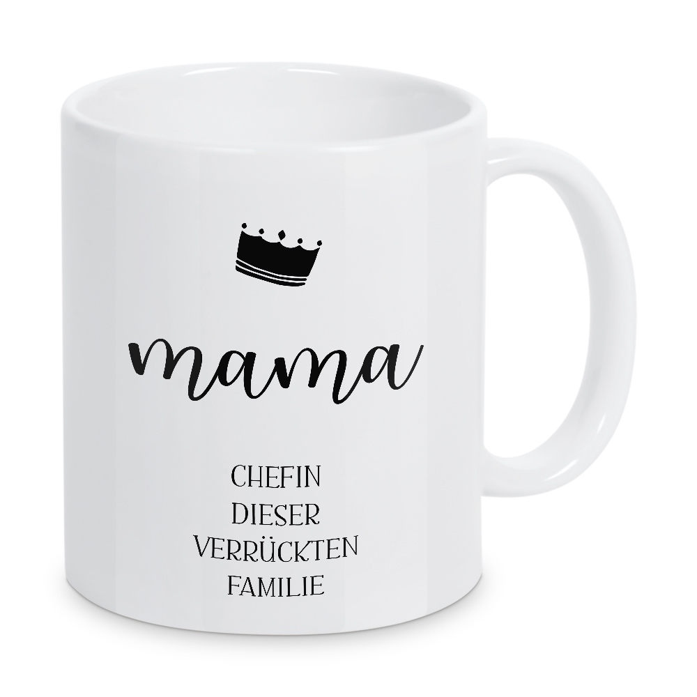 Tasse "Chefin dieser verrückten Familie" artboxONE - Typografie,Schwarzweiß - Mama,Mami,Mutter,Mutti,Muttertag,Lustig,Lustiger spruch,Familie
