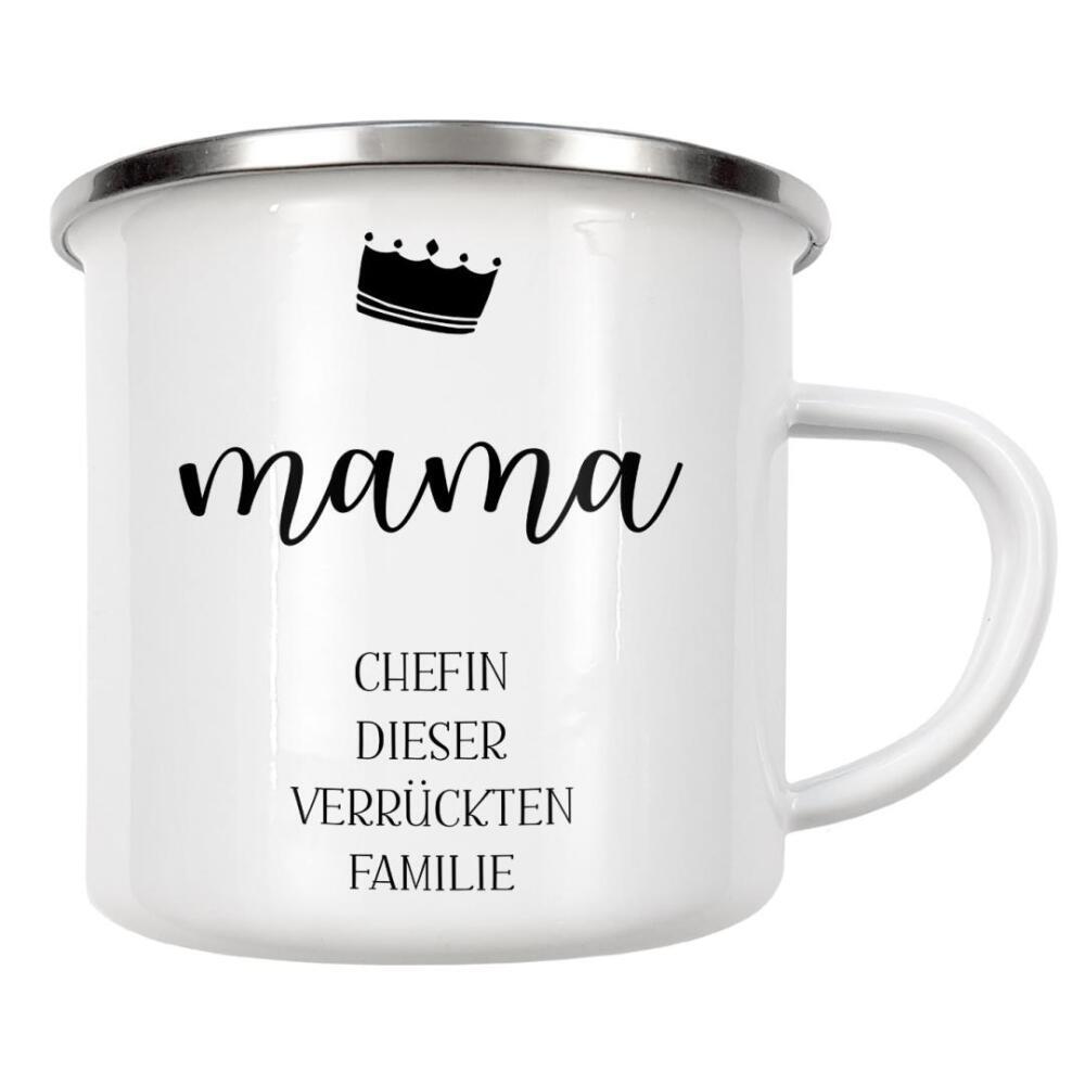 Emaille Tasse "Chefin dieser verrückten Familie" artboxONE - Typografie,Schwarzweiß - Mama,Mami,Mutter,Mutti,Muttertag,Lustig,Lustiger spruch,Familie