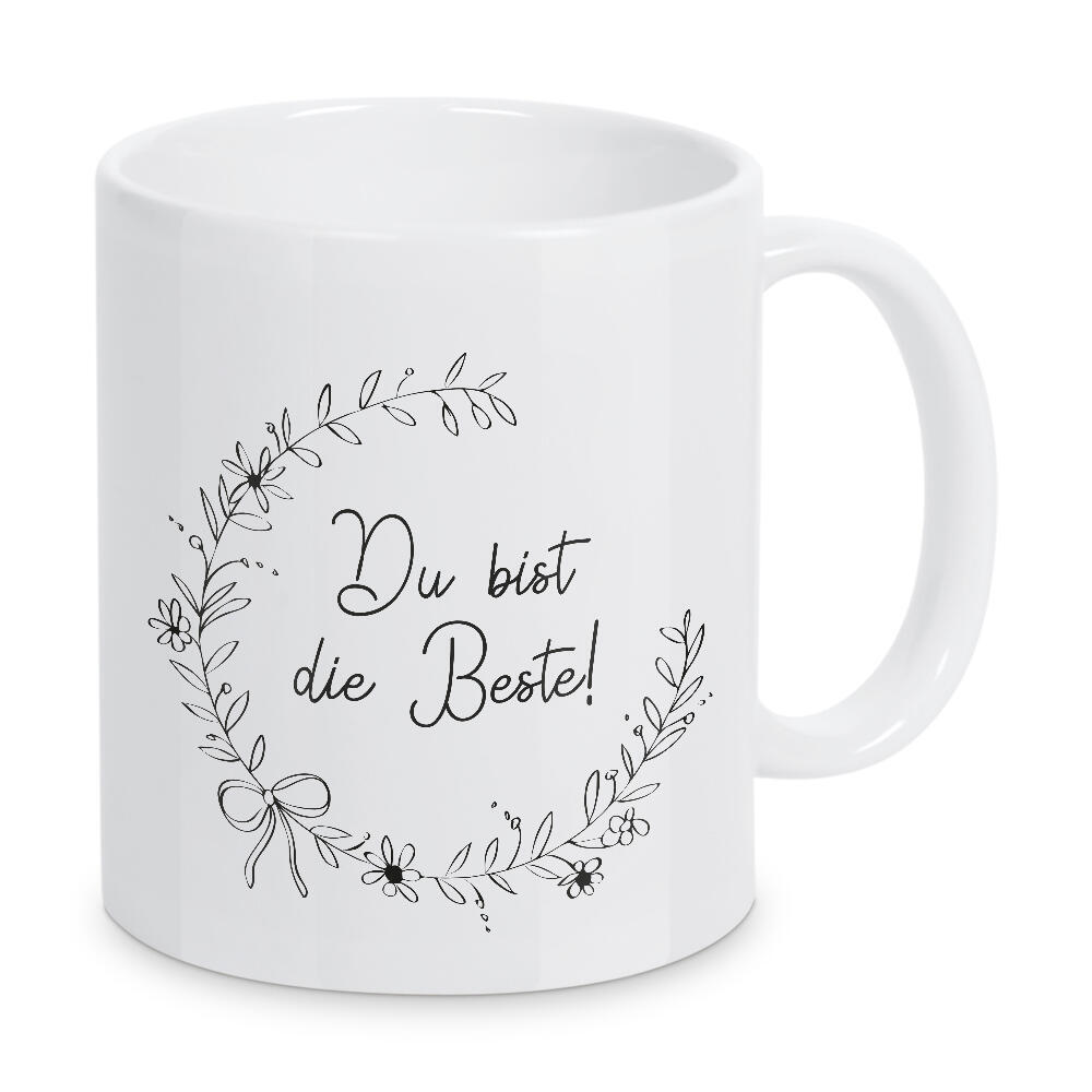Tasse "Du bist die Beste mit Blumenkranz" artboxONE - Typografie,Schwarzweiß,Liebe,Für Mama