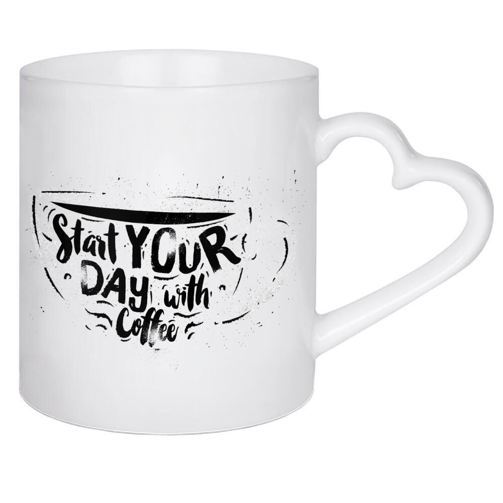 Herztasse "Cup start your day chalk" artboxONE - Essen & Trinken,Schwarzweiß - Chalkboard,Graphic,Lettering,Retro,Vintage,Symbol,Scetch,Cup,Coffee