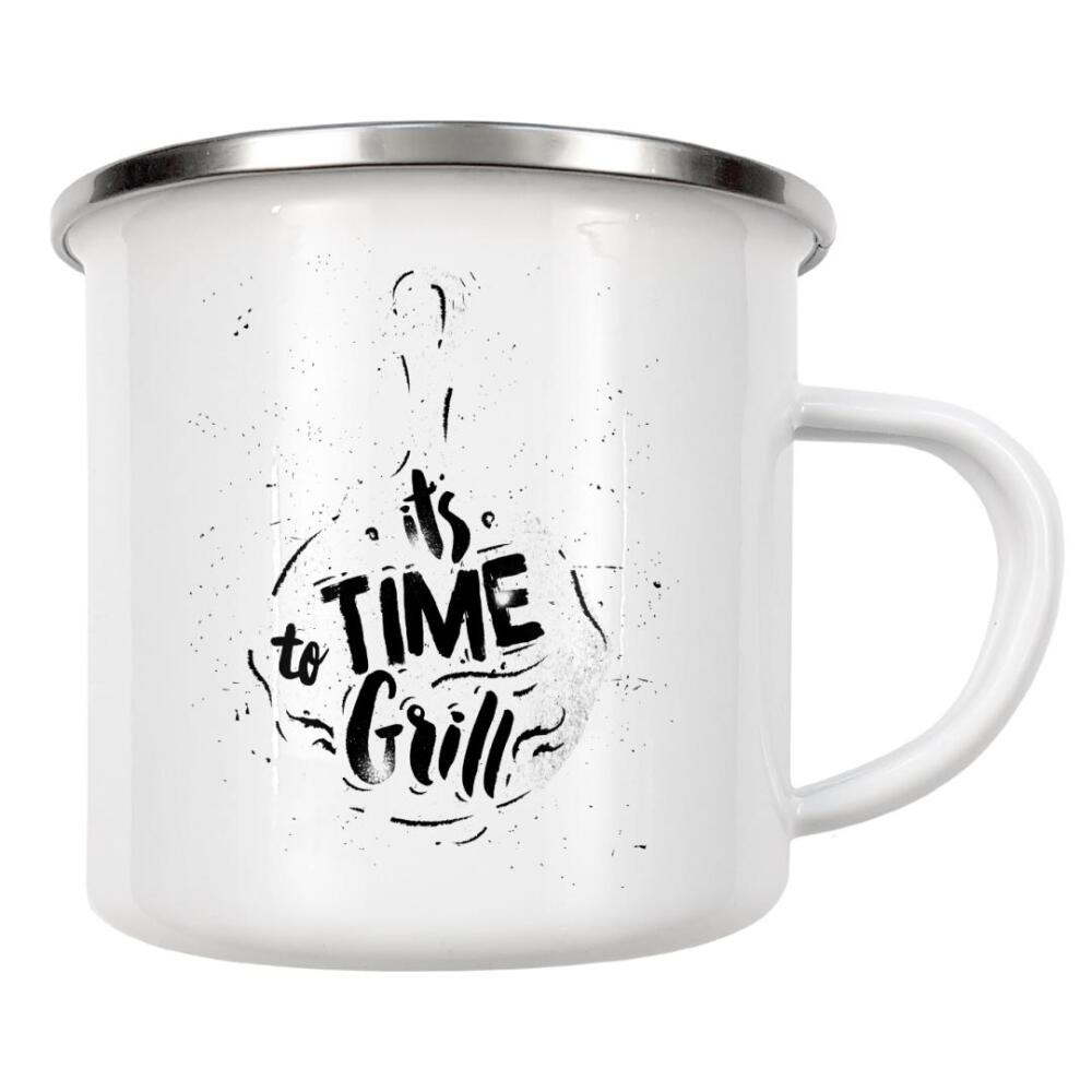 Emaille Tasse "Grill pan chalk" artboxONE - Essen & Trinken,Schwarzweiß - Chalkboard,Graphic,Lettering,Retro,Vintage,Symbol,Pan,Grill,Food