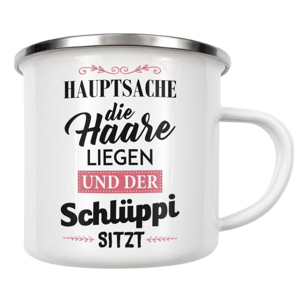 Emaille Tasse "Hauptsache die Haare liegen" artboxONE - Typografie,Schwarzweiß,Lustig