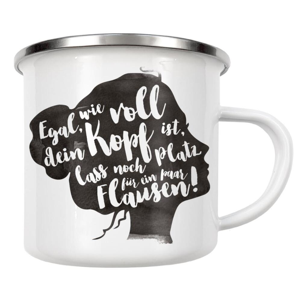 Emaille Tasse "Egal wie voll dein Kopf ist" artboxONE - Typografie,Schwarzweiß,Lustig - Flausen,Spaß,Voller kopf,Watercolor,Motivation,Aufmunterung
