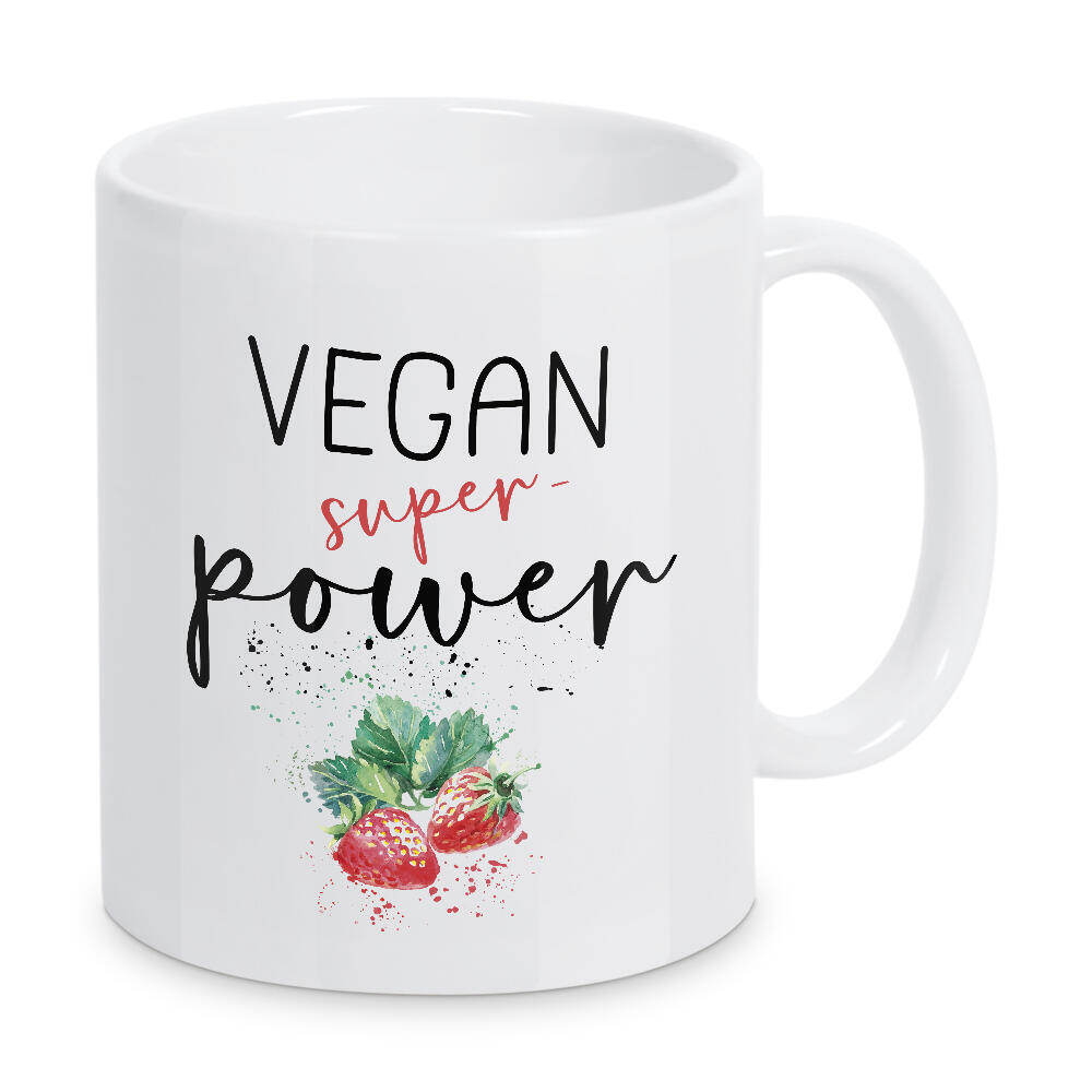 Tasse "VEGAN SUPERPOWER Erdbeeren" artboxONE - Typografie,Essen & Trinken / Obst & Gemüse - Veganer,Veganismus,Spruch,Vegan,Erdbeeren,Beeren,Obst