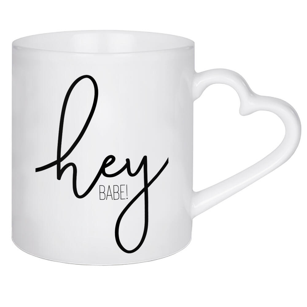 Herztasse "Hey Babe" artboxONE - Typografie,Schwarzweiß - Begrüßung,Freund,Freundin,Spruch