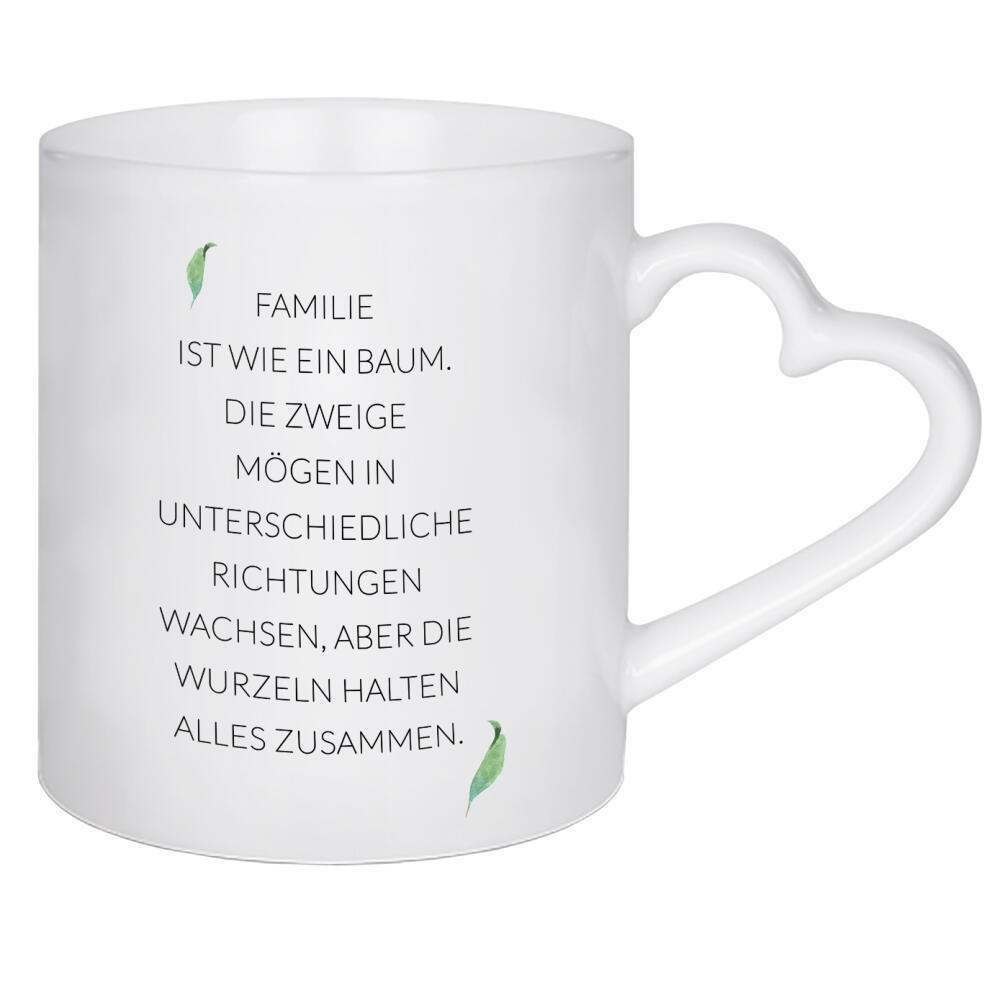 Herztasse "Familie ist wie ein Baum" artboxONE - Typografie,Schwarzweiß,Für Mama,Für Papa - Familie,Baum,Wurzeln,äste,Mama,Papa,Mutter,Vater