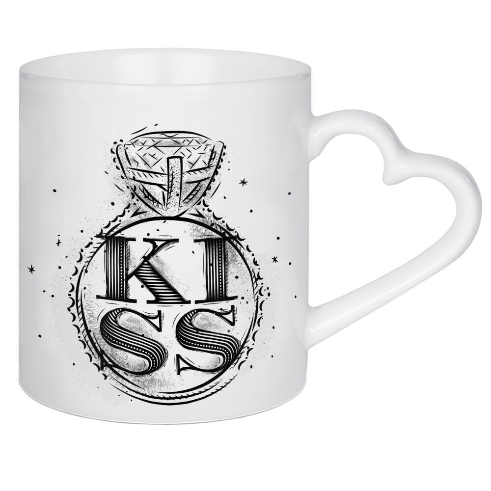 Herztasse "Ring kiss vintage" artboxONE - Liebe - Love,Ring,Graphic,Silhouette,Couple,Illustration,Retro,Vintage,Lettering,Label