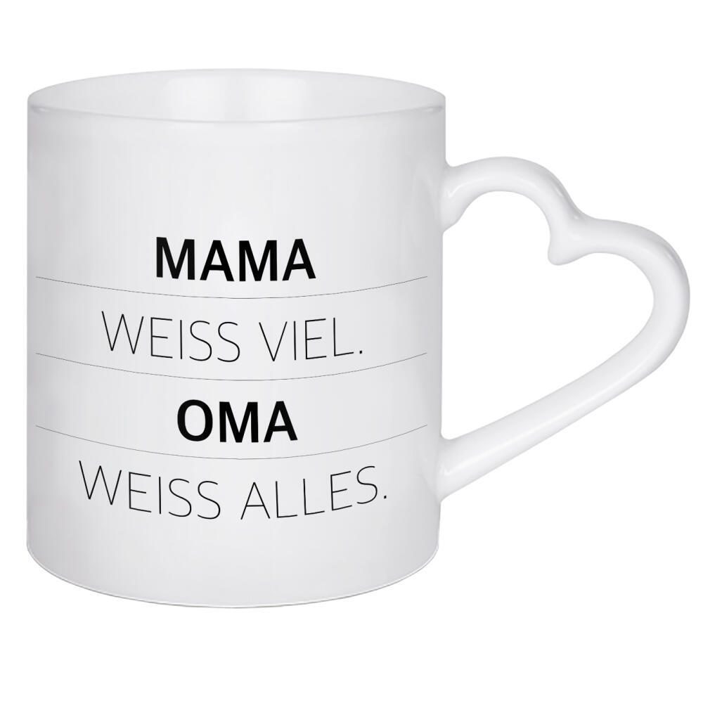 Herztasse "Mama weiß viel" artboxONE - Typografie,Schwarzweiß,Für Mama - Mama,Mutter,Mami,Oma,Omi,Mama weiß viel oma weiß alles