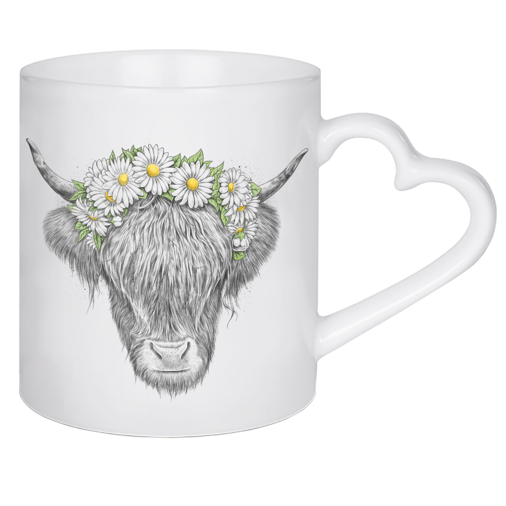 Herztasse "Scottish Highland Cattle" artboxONE - Tiere - Highland cow,Cow,Scottish,Cattle,Cute,Horns,Wreath,Flowers,Daisies,Spring