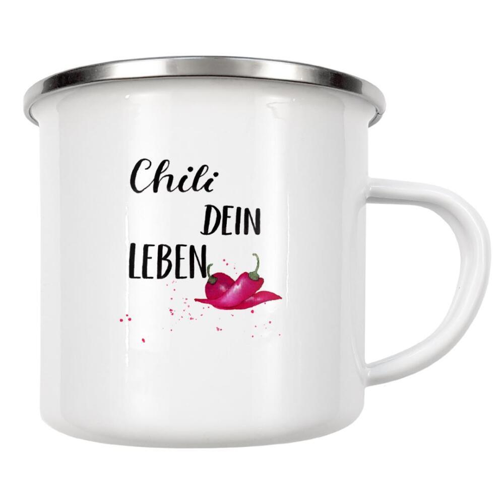 Emaille Tasse "Chili dein Leben Handlettering" artboxONE - Typografie,Essen & Trinken,Schwarzweiß,Essen & Trinken / Obst & Gemüse,Lustig
