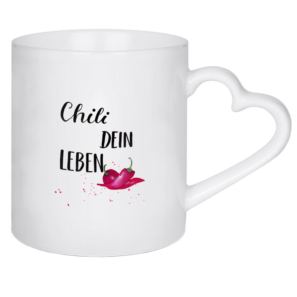 Herztasse "Chili dein Leben Handlettering" artboxONE - Typografie,Essen & Trinken,Schwarzweiß,Essen & Trinken / Obst & Gemüse,Lustig