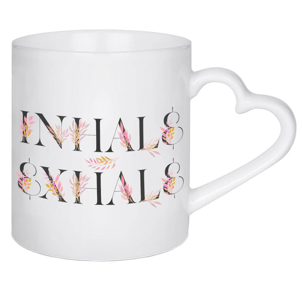 Herztasse "Floral Inhale Exhale" artboxONE - Typografie,Floral,Buchstaben - Letter,Yoga,Inhale,Exhale,Quote,Floral,Flower,Watercolor,Pink