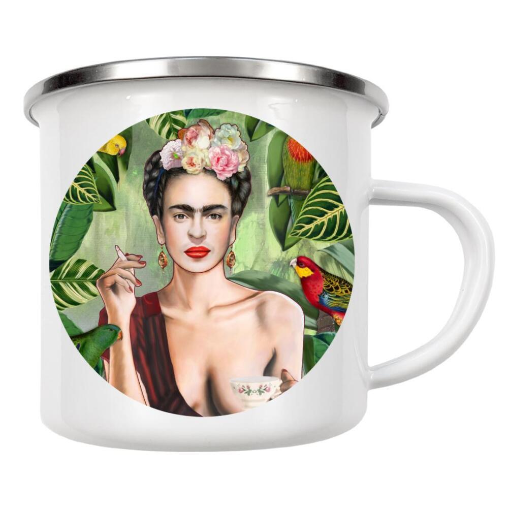 Emaille Tasse "Frida con amigos" artboxONE - Menschen,Fiktion - Frida kahlo,Dschungel,Frida,Kahlo,Frau,Bunt