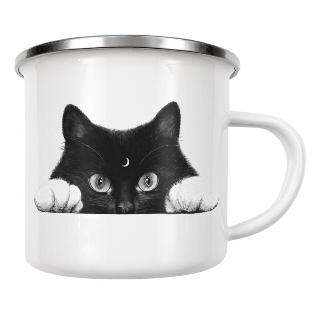Emaille Tasse "Night cat" artboxONE - Tiere,Schwarzweiß,Lustig - Cat,Cats,Black and white,Cute,Lovely,Animal,Moon,Night