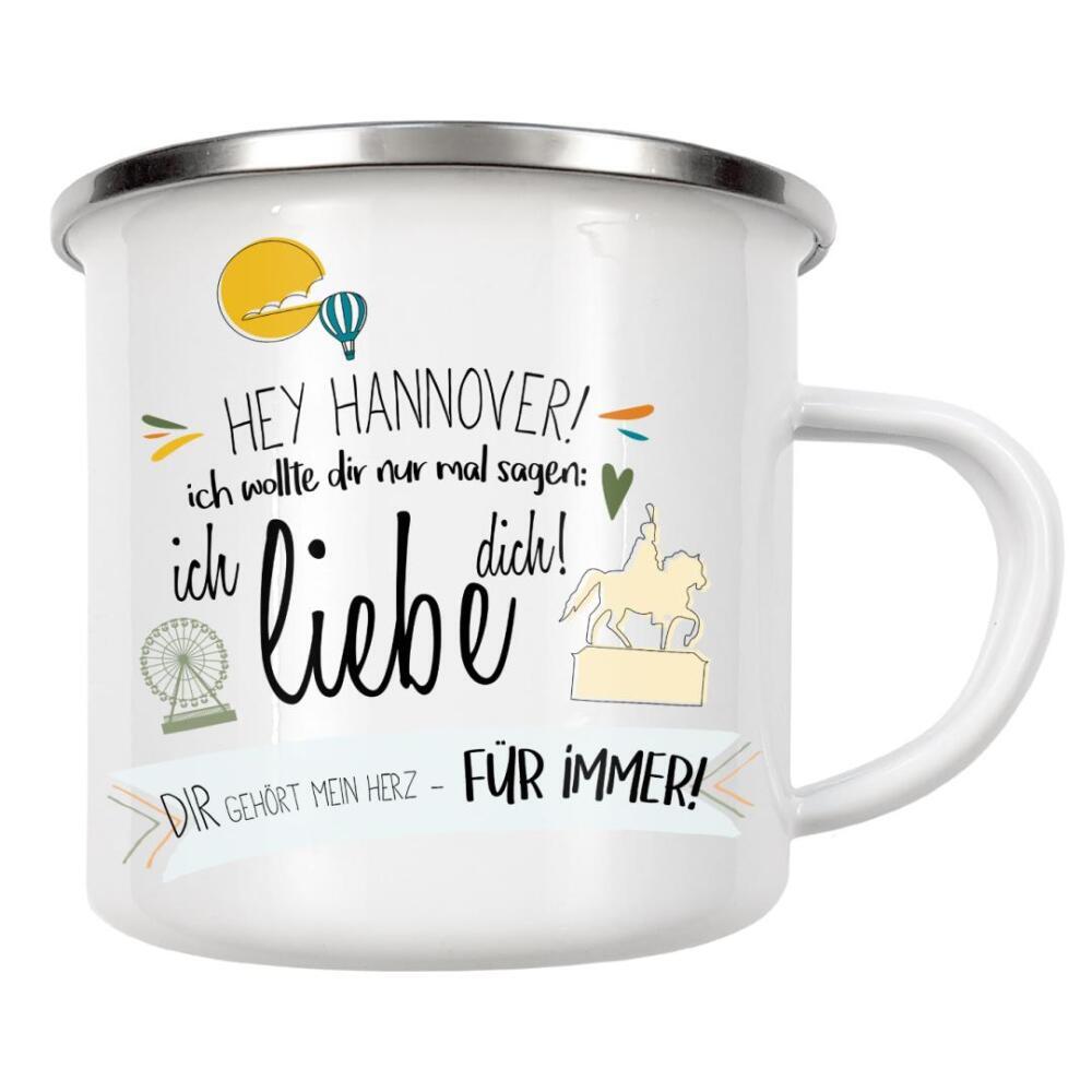 Emaille Tasse "Hey Hannover - Ich liebe dich !" artboxONE - Städte,Typografie,Liebe - Hannover,Deutschland,Stadt,Wahrzeichen,Liebe,Typo