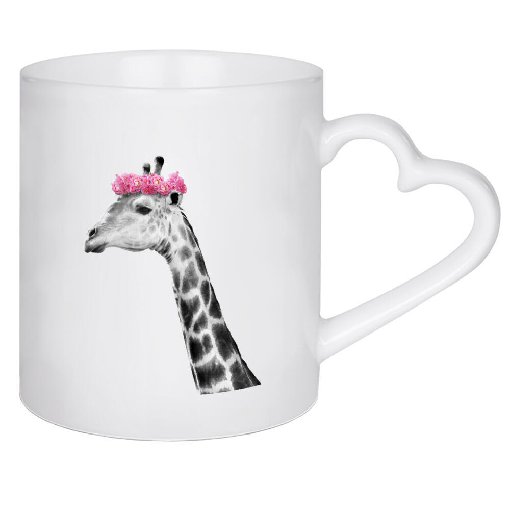 Herztasse "Dressy Giraffe" artboxONE - Floral,Tiere,Schwarzweiß - Tier,Giraffe,Blumenkranz,Blumen