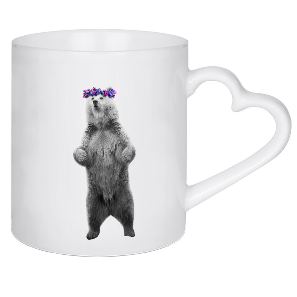 Herztasse "Dressy Bear" artboxONE - Floral,Tiere,Schwarzweiß - Tier,Bär,Bär,Tier,Montage,Blumenkranz,Blume,Blume,Blumen