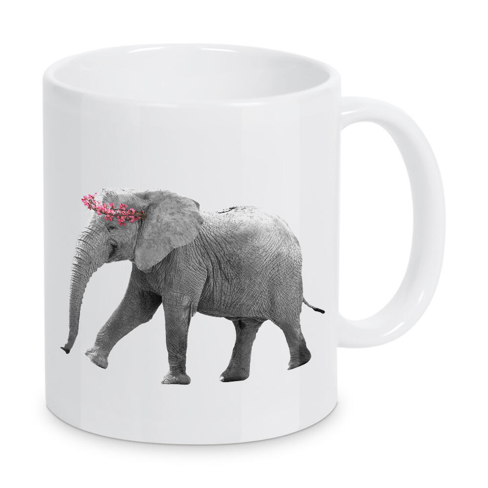 Tasse "Dressy Elephant" artboxONE - Floral,Tiere,Schwarzweiß - Tier,Elefant,Elefant,Tier,Montage,Blumenkranz,Blume,Blume,Blumen