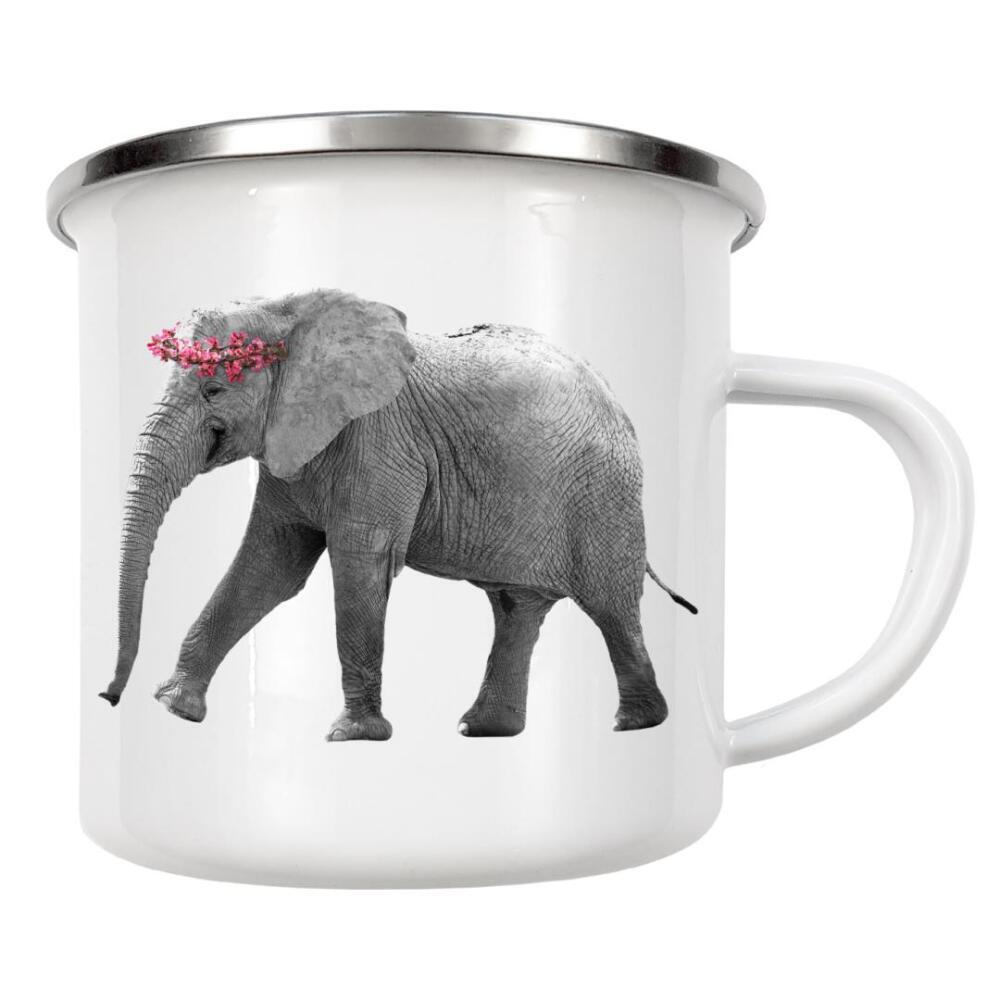 Emaille Tasse "Dressy Elephant" artboxONE - Floral,Tiere,Schwarzweiß - Tier,Elefant,Elefant,Tier,Montage,Blumenkranz,Blume,Blume,Blumen