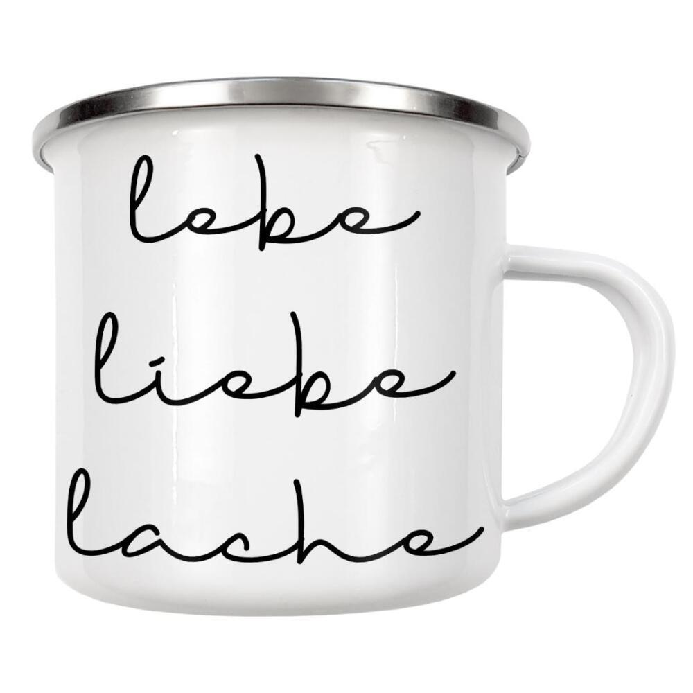 Emaille Tasse "Lebe liebe lache" artboxONE - Typografie,Schwarzweiß