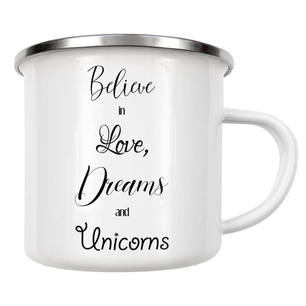 Emaille Tasse "Believe in Dreams" artboxONE - Typografie,Schwarzweiß
