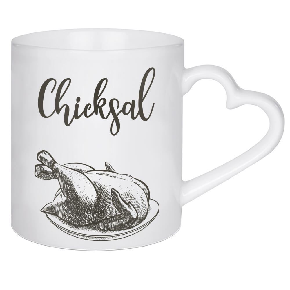 Herztasse "Armes Hühnchen - Schicksal" artboxONE - Typografie,Schwarzweiß - Schicksal,Chick,Huhn,Braten,Pech,Tier,Animal,Chicksal,Typo,Typografie