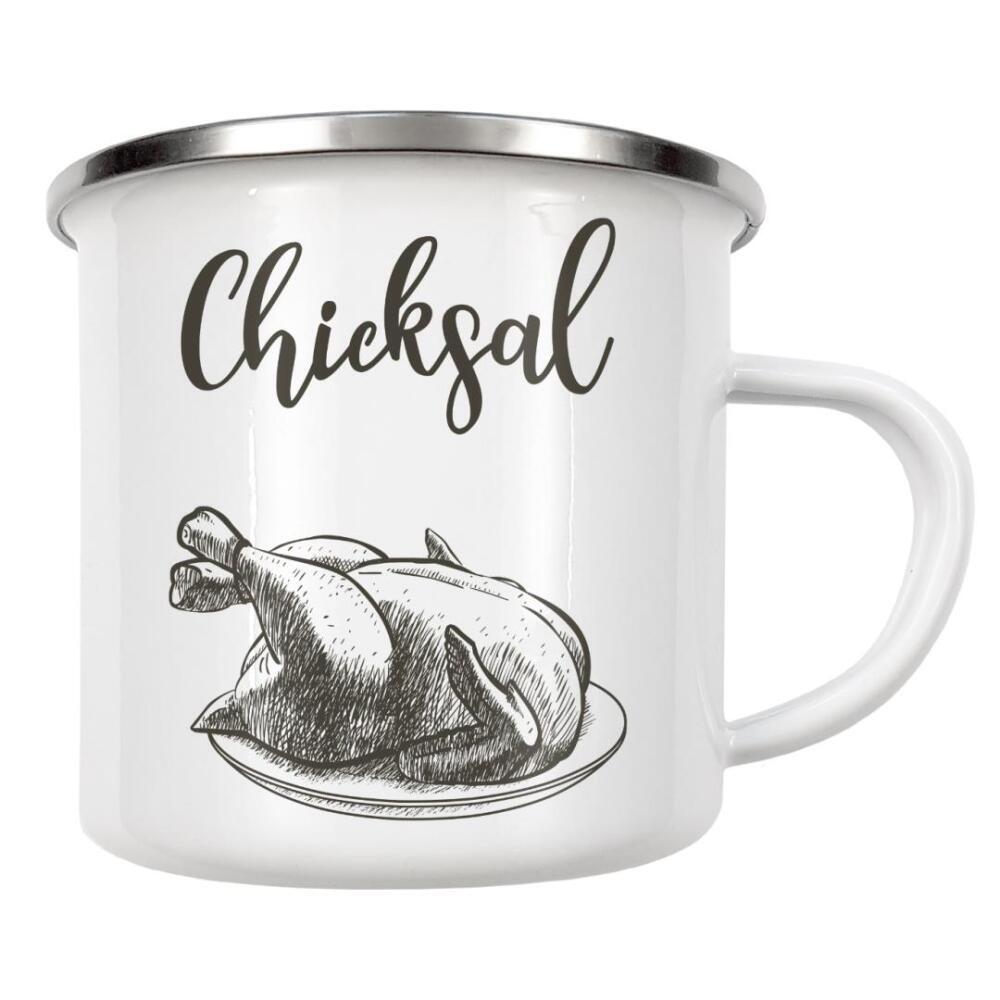 Emaille Tasse "Armes Hühnchen - Schicksal" artboxONE - Typografie,Schwarzweiß - Schicksal,Chick,Huhn,Braten,Pech,Tier,Animal,Chicksal,Typo,Typografie