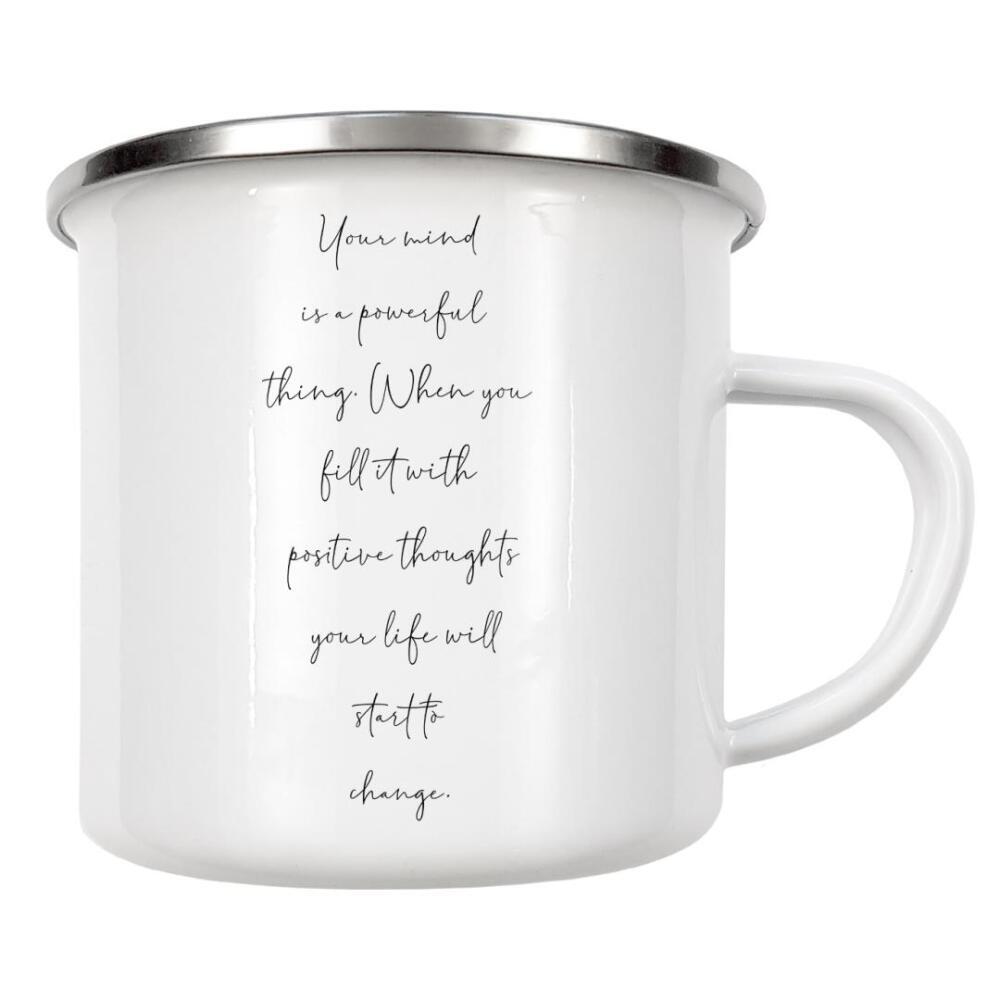 Emaille Tasse "Powerful mind" artboxONE - Typografie,Menschen,Schwarzweiß,Liebe