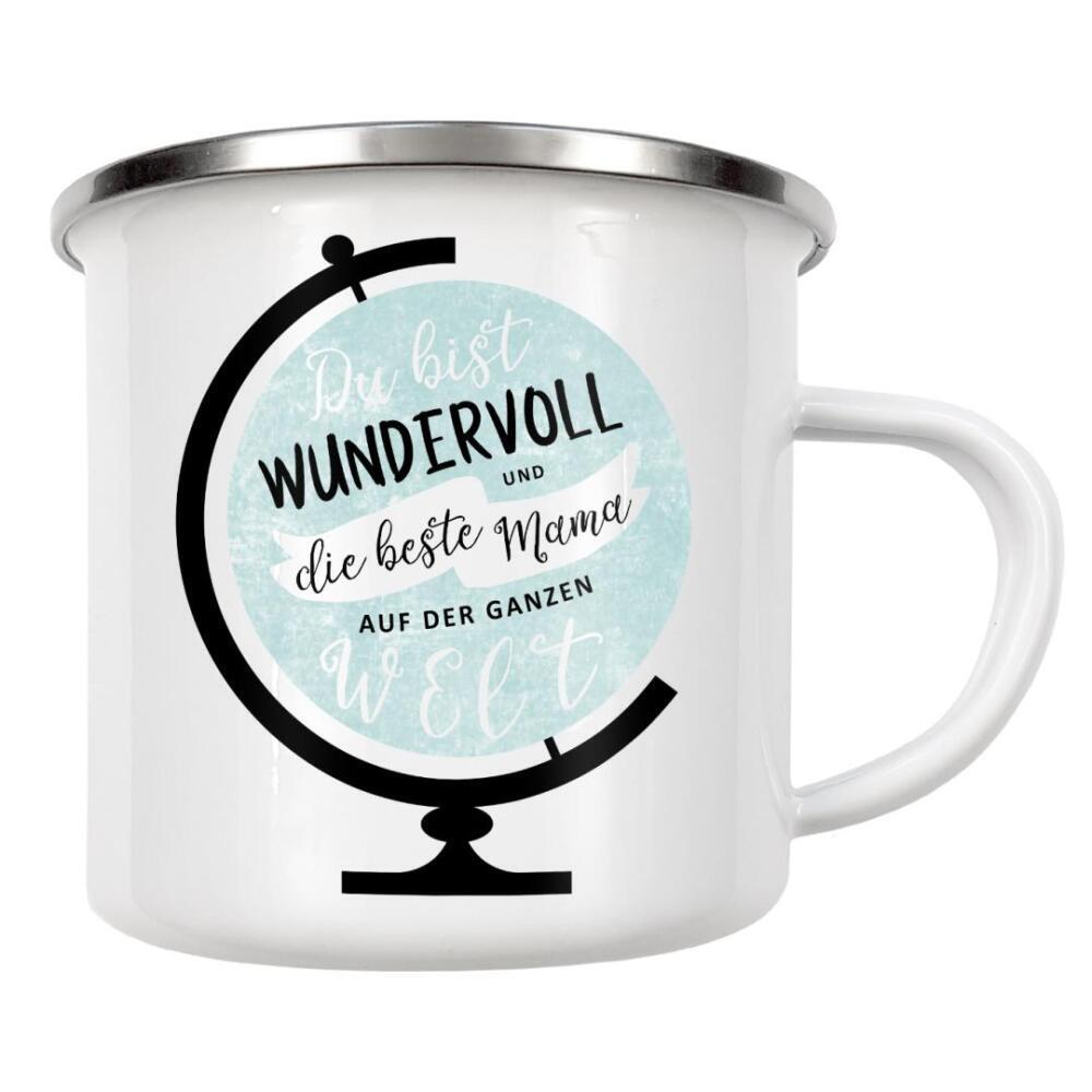 Emaille Tasse "Beste Mama der Welt - Globus" artboxONE - Typografie,Liebe,Für Mama