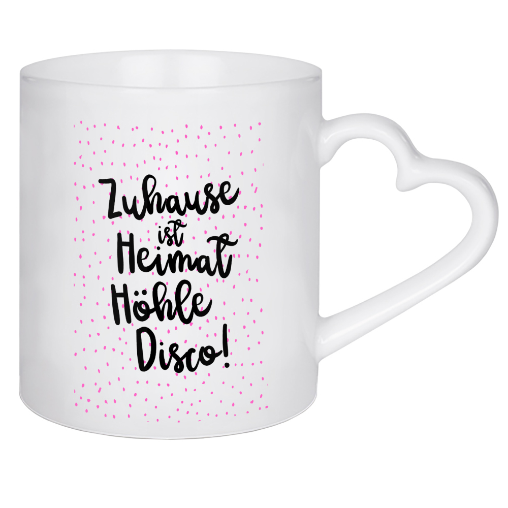 Herztasse "Heimat, Höhle, Disco. Black" artboxONE - Typografie,Für Mama,Lustig