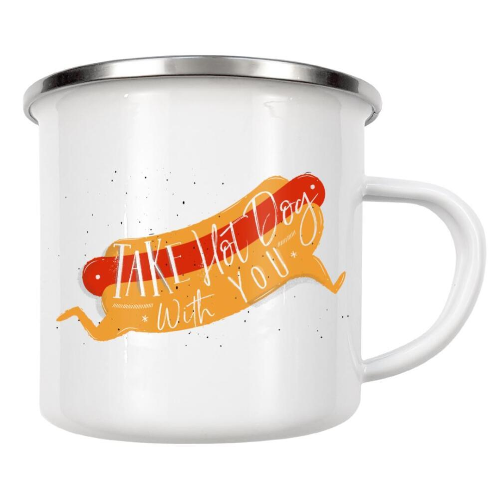Emaille Tasse "Hot dog to go turquoise" artboxONE - Typografie,Essen & Trinken,Lustig