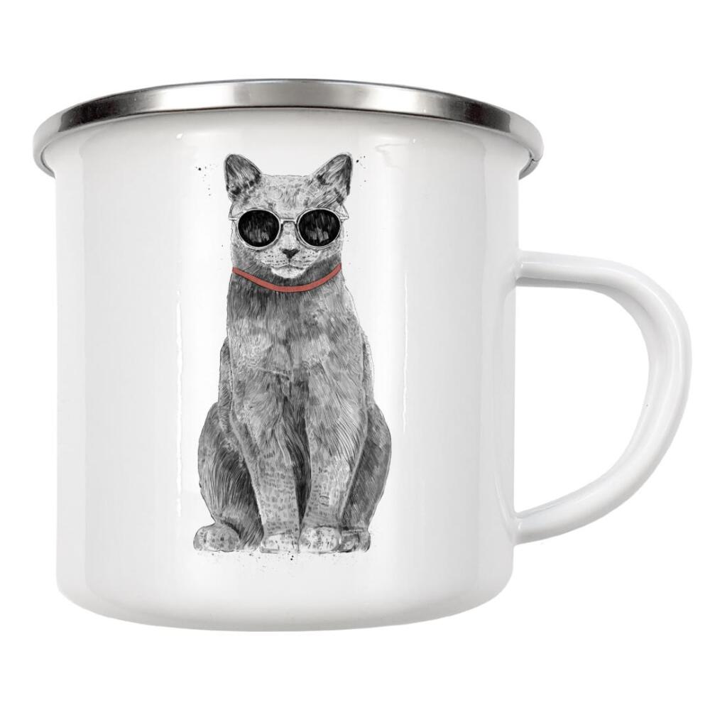 Emaille Tasse "Summer Cat" artboxONE - Tiere,Lustig - Cat,Animals,Sunglasses,Summer,Sunshine,Drawing,Cool,Cute,Kitty,Yellow,Tier,Funny,Lustig,Katze