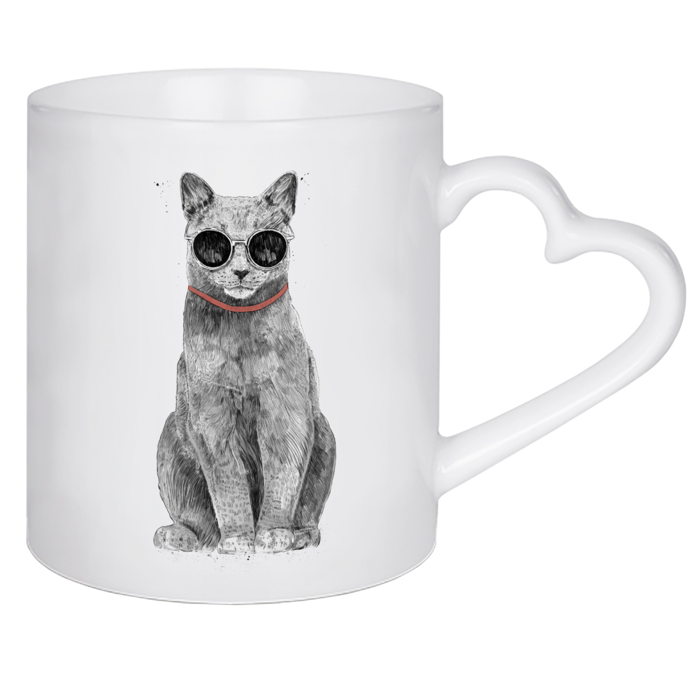 Herztasse "Summer Cat" artboxONE - Tiere,Lustig - Cat,Animals,Sunglasses,Summer,Sunshine,Drawing,Cool,Cute,Kitty,Yellow,Tier,Funny,Lustig,Katze