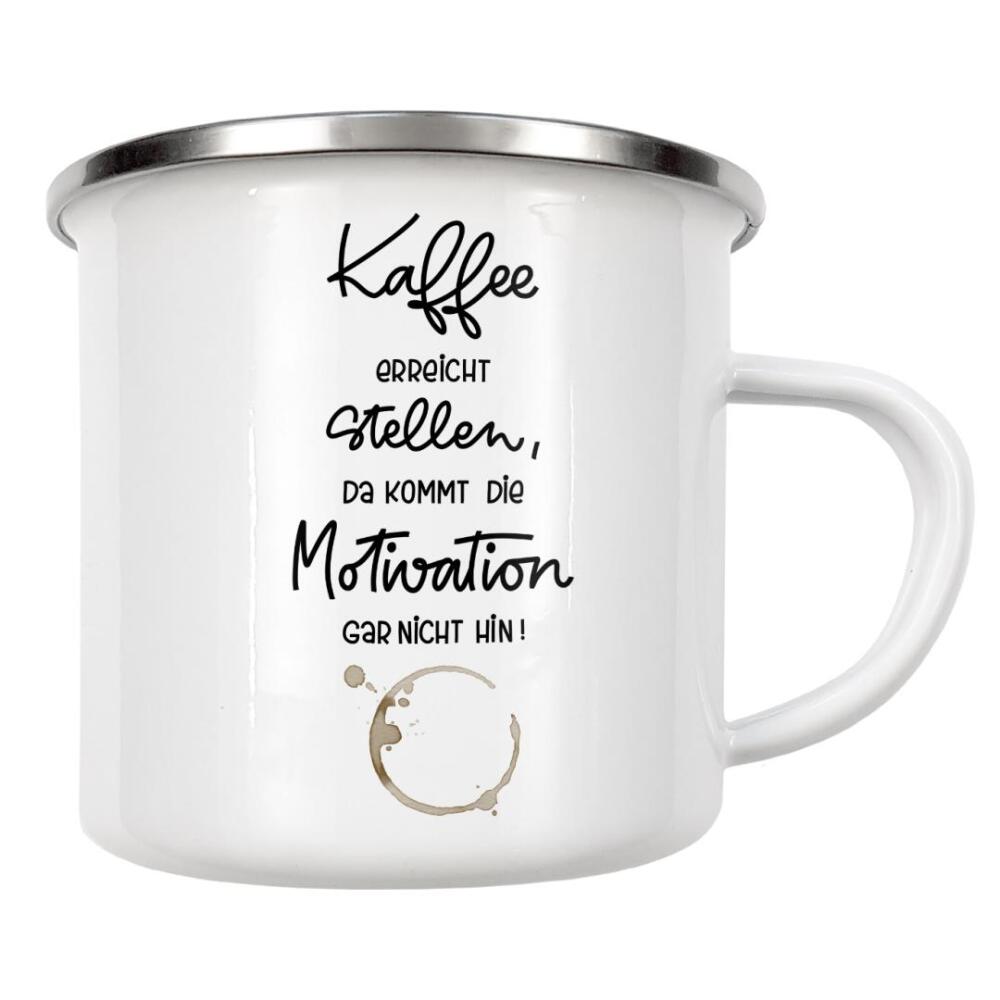 Emaille Tasse "Kaffee und Motivation" artboxONE - Typografie,Essen & Trinken,Lustig