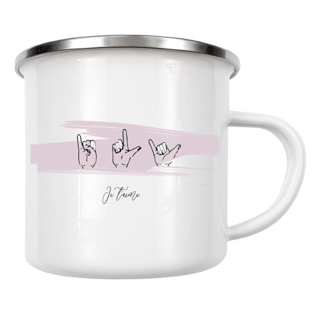 Emaille Tasse "Je t'aime - Gebärdensprache" artboxONE - Typografie,Für Kinder,Liebe,Für Mama,Für Papa