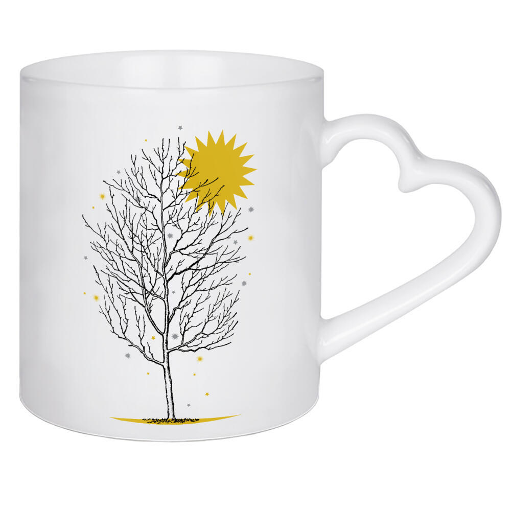 Herztasse "Wintersonne" artboxONE - Natur,Schwarzweiß,Weihnachten - Baum,äste,Sonne,Schneeflocken,Sterne,Karg,Winterstimmung,Abschied,Jahresende,Natur