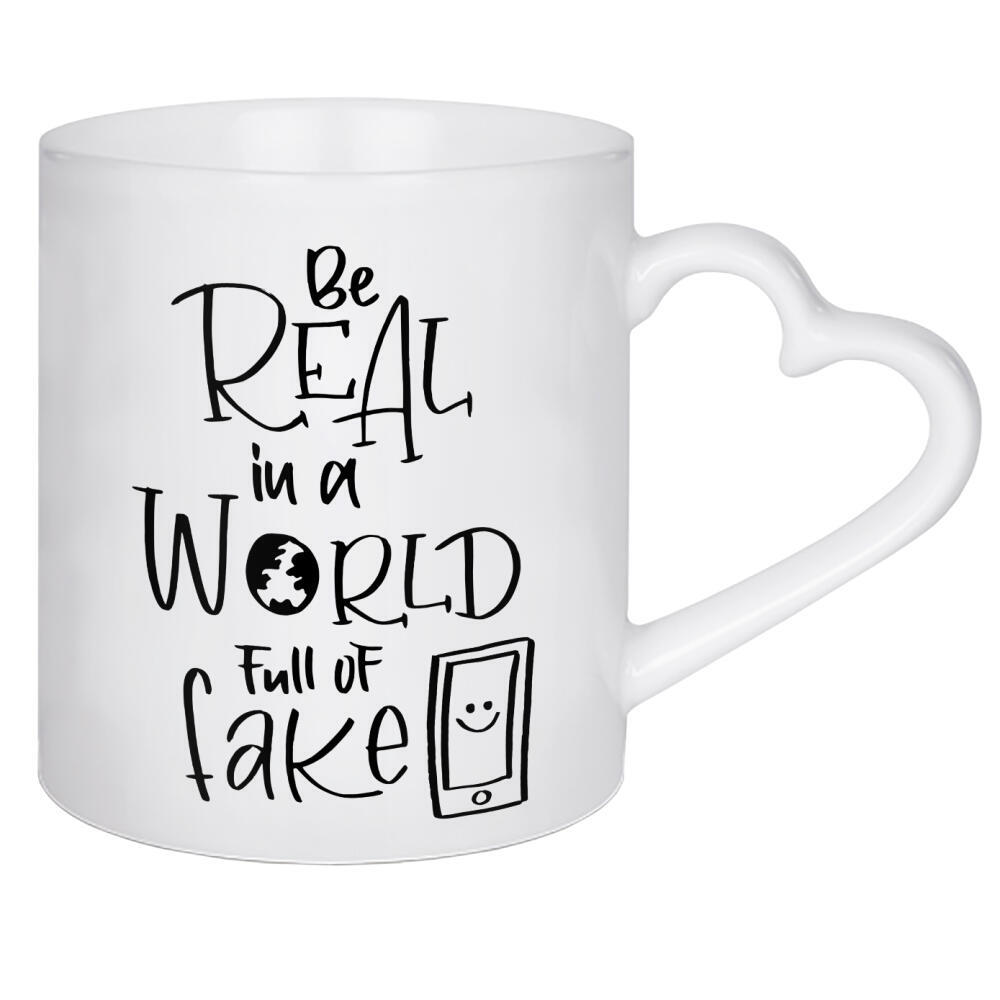 Herztasse "Be real in a world full of fake" artboxONE - Typografie,Schwarzweiß