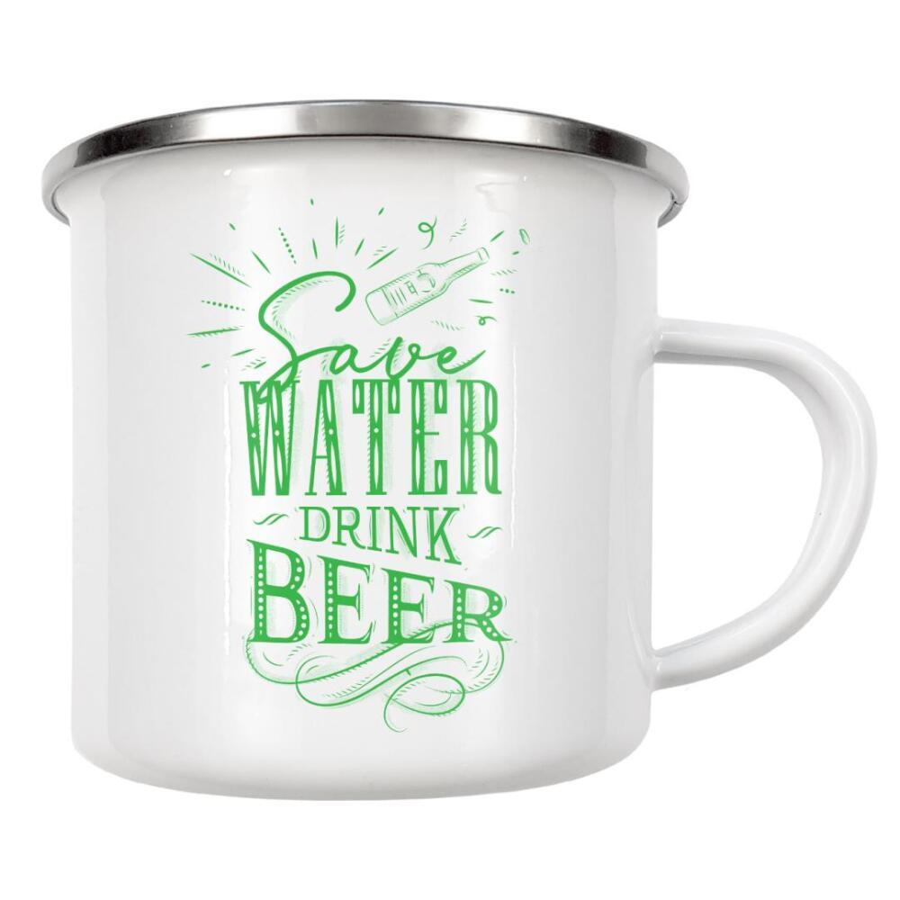Emaille Tasse "Save water drink beer dark" artboxONE - Typografie,Essen & Trinken,Für Mama,Für Papa,Essen & Trinken / Alkohol