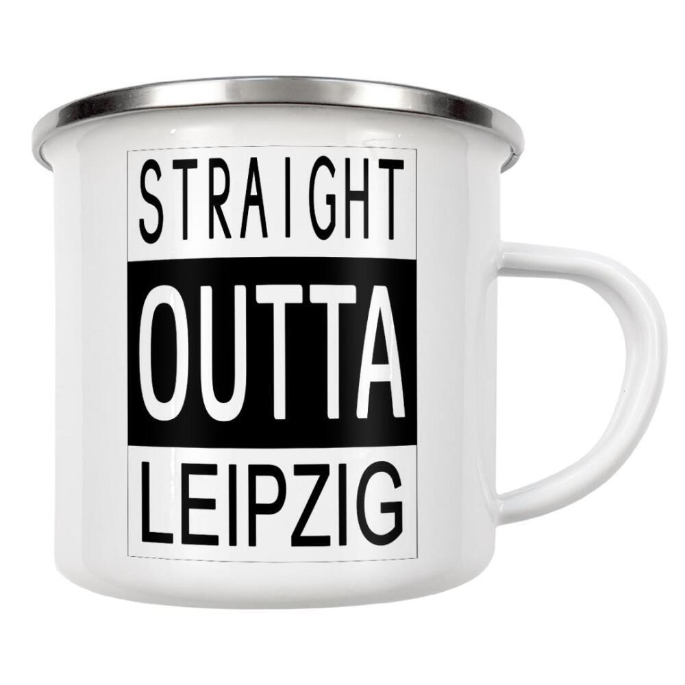 Emaille Tasse "Leipzig" artboxONE - Städte,Typografie,Reise,Schwarzweiß - Straight outta leipzig,Deutschland,Osten,Sachsen,Akzent,Dialekt,Leipzsch