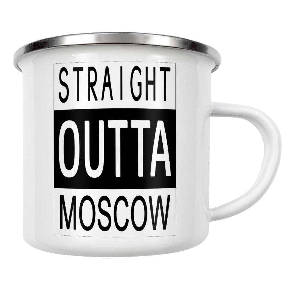 Emaille Tasse "Moskau" artboxONE - Städte,Typografie,Reise,Schwarzweiß,Städte / Weitere - Straight outta moskau,Russland,Kalt,Russisch,Wodka,Vodka