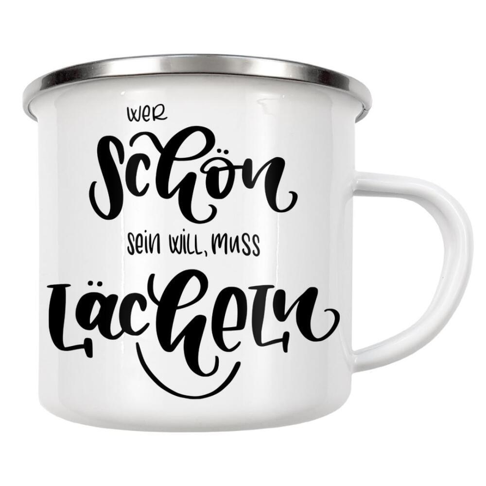 Emaille Tasse "Schön lächeln" artboxONE - Typografie,Schwarzweiß,Liebe,Für Mama