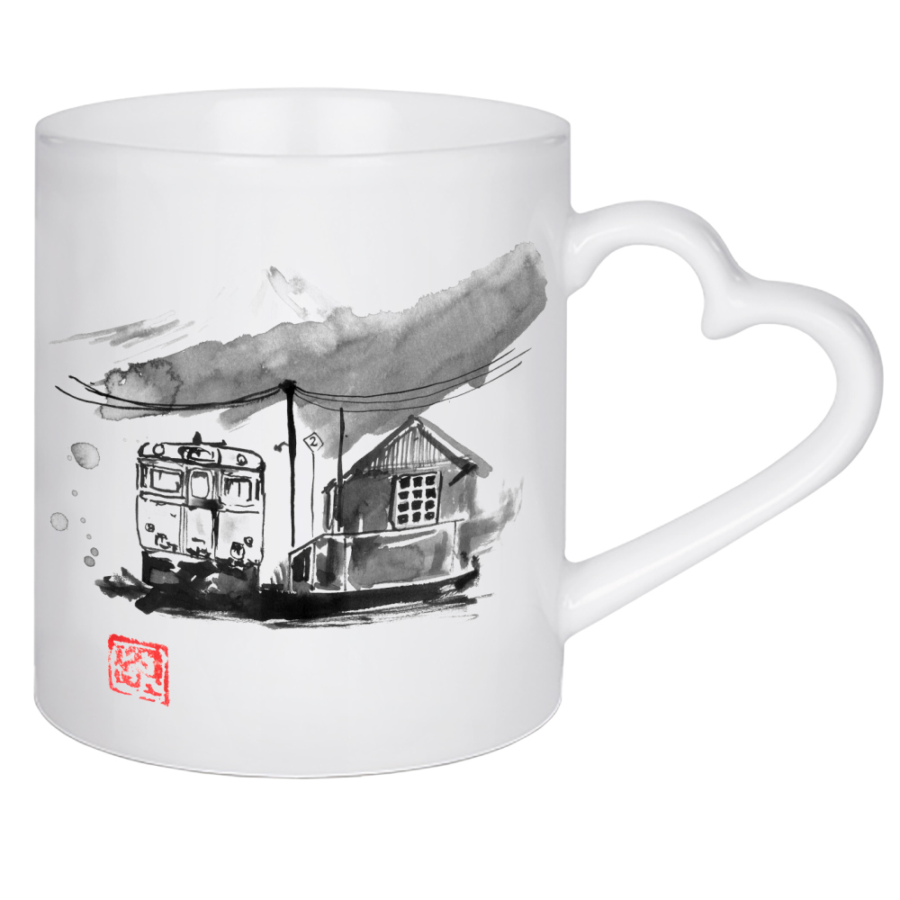 Herztasse "Train station in japan" artboxONE - Natur - Japan,Sumie,Train,Station,Fuji