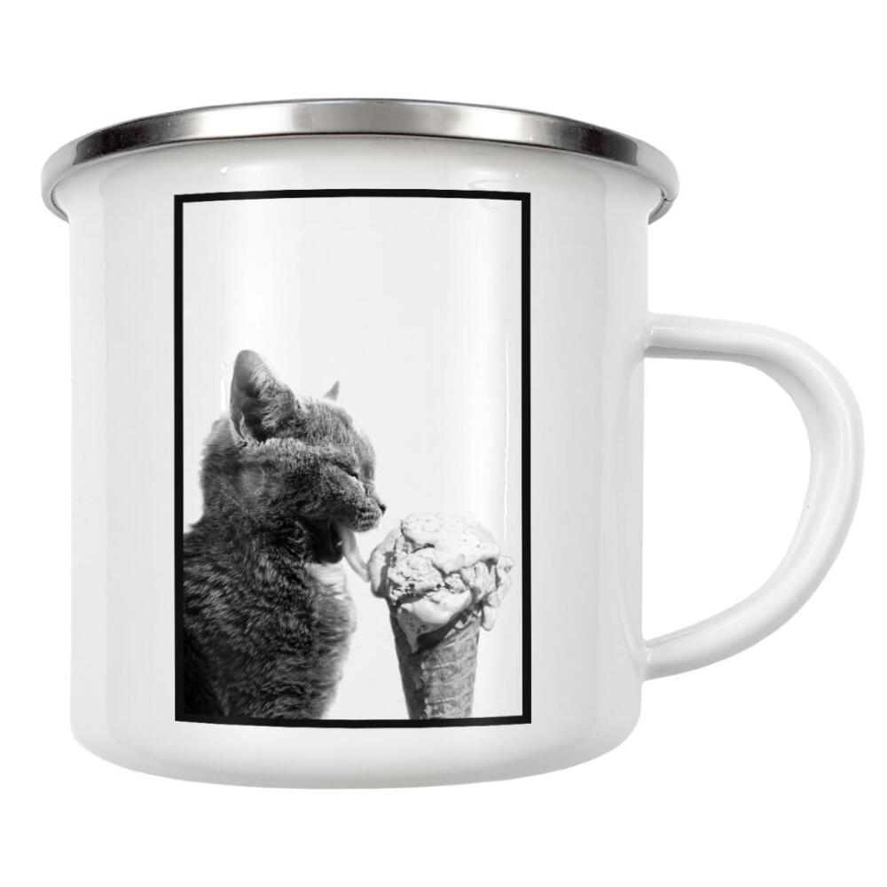 Emaille Tasse "Cat Loves Ice Cream" artboxONE - Tiere,Essen & Trinken,Schwarzweiß,Lustig